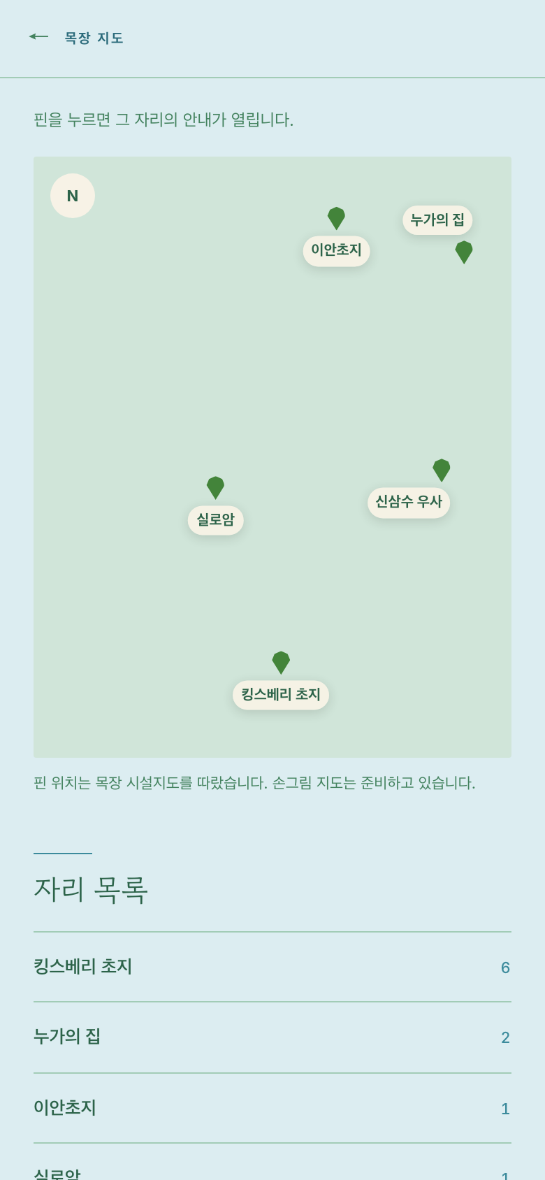 목장 지도 — 자리마다 핀이 찍힌 지도